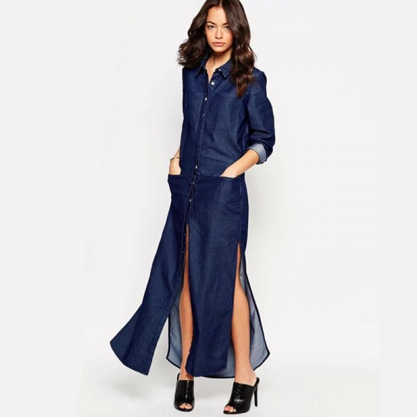 2017 Summer Autumn Denim Dress Women Maxi Long Fashion Sexy Side Split Solid Casual Big Sizes Vestdos Jeans Dresses Size S-XXL