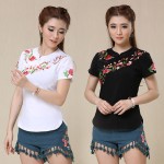 2017 Summer New Ethnic Tunic T Shirt Women Tops Soft Casual Embroidery Vintage Chinese Style Women's T-shirts tee shirt femme