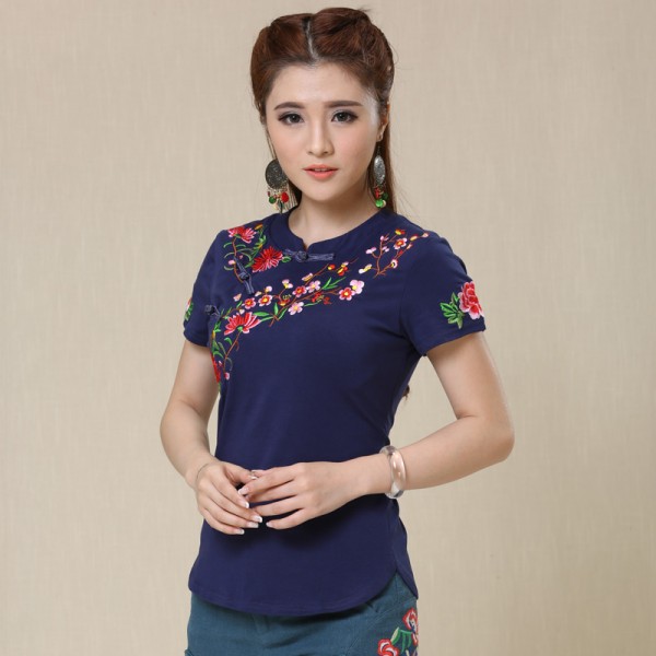 2017 Summer New Ethnic Tunic T Shirt Women Tops Soft Casual Embroidery Vintage Chinese Style Women's T-shirts tee shirt femme