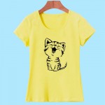 2017 Summer New Fashion Women's Casual O-Neck T Shirt Tops Camisas with Funny Cat Print and Short Sleeve HH08