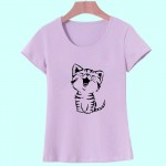 2017 Summer New Fashion Women's Casual O-Neck T Shirt Tops Camisas with Funny Cat Print and Short Sleeve HH08