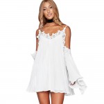 2017 Summer Sexy Women Dress Female Spaghetti Strap Cut Out Flare Sleeve Sexy Dress Lace Edge Pure Color Dress vestido