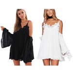 2017 Summer Sexy Women Dress Female Spaghetti Strap Cut Out Flare Sleeve Sexy Dress Lace Edge Pure Color Dress vestido