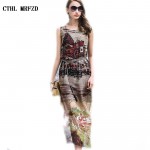 2017 Summer Style Vintage Houses Print Long Dress Fake Silk Chiffon Side Split Sleeveless Retro Bohemia Full Beach Dress