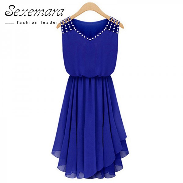 2017 Summer Sundress Sleeveless Dress Vestido Chiffon V Neck Diamonds Blue Casual Pleated Sexy Work Office Dresses Plus Big Size