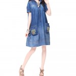 2017 Summer Women Casual Boho Vintage Denim Floral Embroidery Pocket Stand Collar Short Sleeve Sashes Casual Dress Vestido Jeans