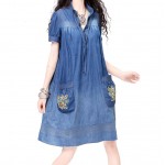 2017 Summer Women Casual Boho Vintage Denim Floral Embroidery Pocket Stand Collar Short Sleeve Sashes Casual Dress Vestido Jeans