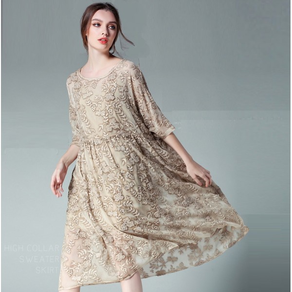 2017 Summer Women Plus Size Loose Fit embroidery Dress Set Elegant Silk one-piece Dress twinset chiffon dress vestido XXXXL 6321