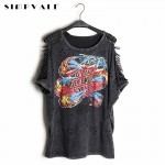 2017 Summer Women Punk Rock T-shirt Graffiti Print Vintage Hollow Out Batwing Sleeve Washed Tees Hip Hop Plus Size Tops