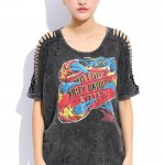 2017 Summer Women Punk Rock T-shirt Graffiti Print Vintage Hollow Out Batwing Sleeve Washed Tees Hip Hop Plus Size Tops