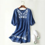 2017 Vintage Women Summer Floral Embroidery Dress V Neck Half Sleeve Blue Tencel Denim Dress Plus Size Casual vestido APWM15-13