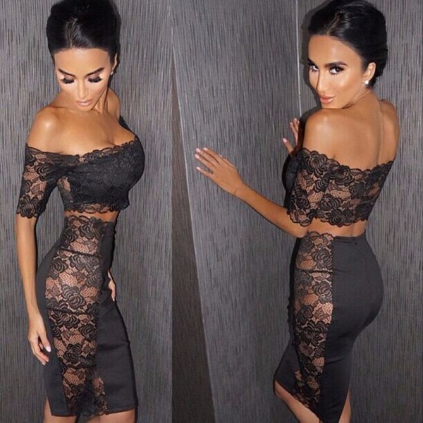 2017 Winter 2 piece set women lace dress sexy strapless bodycon bandage dress black party dresses clubwear vestido de festa