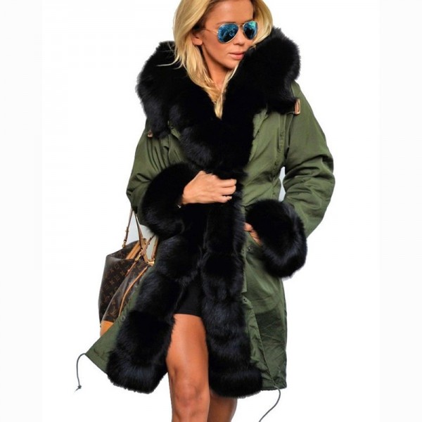 2017 Winter Designer Fashion Women's Outwear Long Causal Solid Fur Hooded Warm Long Sleeve With Big Size Fur Collar Parkas