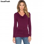 2017 Women Cowl Neck t-shirt Tops Autumn Long Sleeve Side Nudos Solid Causal T Shirt Camisetas Feminina Wine S M L XL