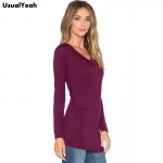 2017 Women Cowl Neck t-shirt Tops Autumn Long Sleeve Side Nudos Solid Causal T Shirt Camisetas Feminina Wine S M L XL