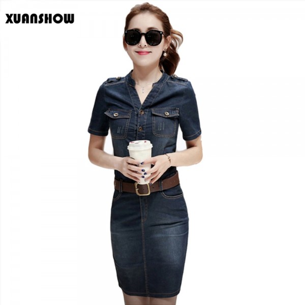 2017 Women Denim Dress Slim Casual Party Club Work Office Jeans Women Dresses Plus Size Ladies Robe Vestidos