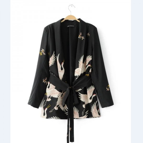 2017 Women Fashion Vintage Retro Loose Jacket Animal Crane Print Kimono Suit jacket Brand sashes Outwear Coat Tops CT002