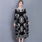 2017 Women's New Embroidery Cotton Big Size Long Dress Loose Dress Retro Black Printing Dress