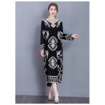 2017 Women's New Embroidery Cotton Big Size Long Dress Loose Dress Retro Black Printing Dress