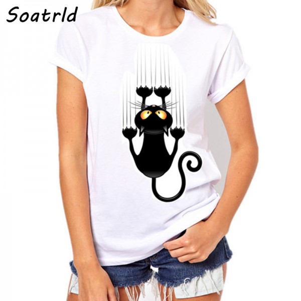 2017 Womens Brand Clothing Summer Women T Shirt Short Sleeve O-neck Casual Funny Black Cat Tops Tees Female Ladies T-Shirt