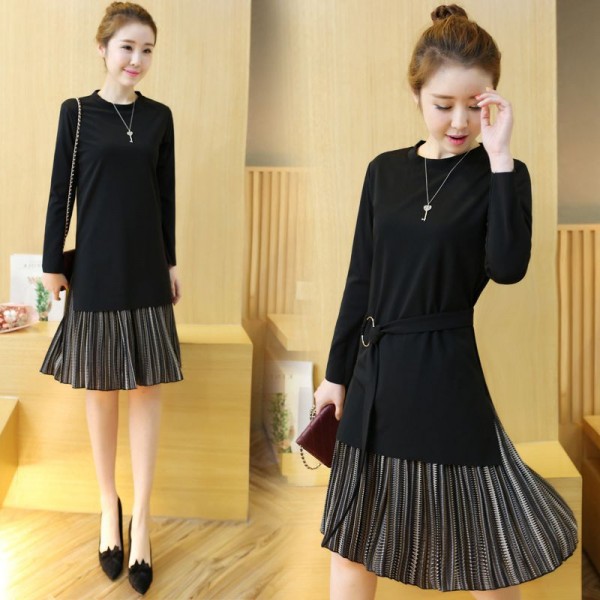 2017 autumun pleated dress women Korean long loose large size long sleeved knitted party dresses two piece dresses female