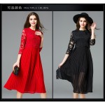 2017 elegant women lace chiffon pleated dresses red 5XL three quarters sleeves spring bow women ruffles lace dress plus size