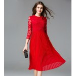 2017 elegant women lace chiffon pleated dresses red 5XL three quarters sleeves spring bow women ruffles lace dress plus size