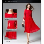 2017 elegant women lace chiffon pleated dresses red 5XL three quarters sleeves spring bow women ruffles lace dress plus size