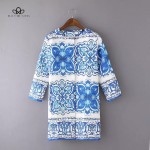 2017 spring Blue And White Porcelain floral jacquard long jacket women coat