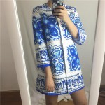 2017 spring Blue And White Porcelain floral jacquard long jacket women coat