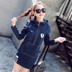 2017 spring autumn women hooded denim dress long sleeve letter package hip slim Elasticity casual pocket female jeans dresses