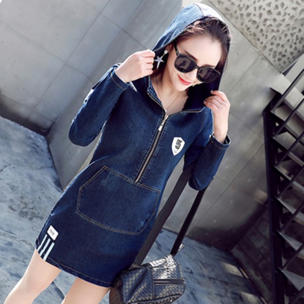 2017 spring autumn women hooded denim dress long sleeve letter package hip slim Elasticity casual pocket female jeans dresses