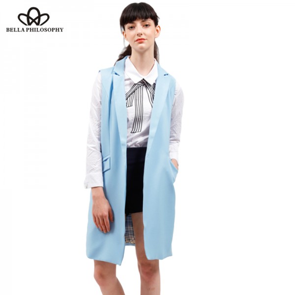 2017 spring new fashion long pockets turn-down collar open stitch sleeveless pantone blue pink beige black  blazer vest jackets