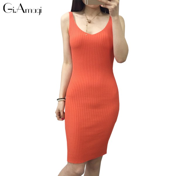 2017 spring summer Korean version long section mash Fashion Women knit Casual Plus Size Slim V-neck bottoming vest jersey dress