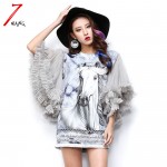 2017 spring summer women cute strange harajuku gray half mesh butterfly mesh sleeve animal horse printing mini girl dress