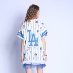 2017 summer women cute harajuku blue white sequins mesh mini dress short sleeve loose bow cartoon printing striped dress