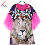 2017 summer women cute novelty pink animal lion printing straight loose dress half flare mesh sleeve dress