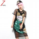 2017 summer women sexy street novelty black cartoon mermaid loose sequins straight mesh dress perspective dress