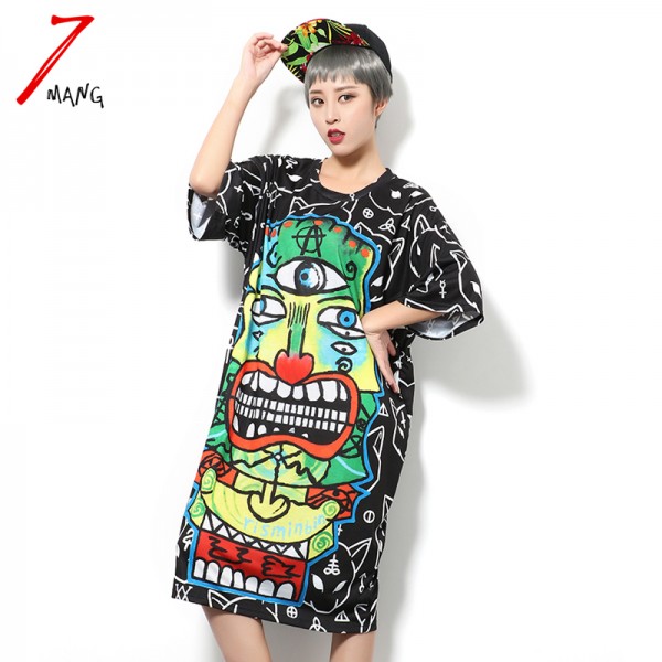 2017 summer women street novelty cartoon print loose straight oversize short sleeve o neck dress with pocket