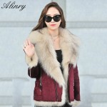 2017 winter new women cotton Jacket coat female fashion big Imitation fox fur plus size Slim warm soft Red wine Suede Jacket