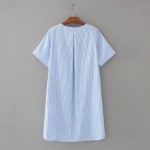 2017 women vintage blue and white striped A-line dress elegant vestidos short sleeve embroidery dress party brand dresses DS014