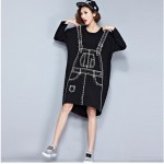 2018 European Style Women Fashion Mini Dress Braces Pattern Black Irregular One Piece T-Shirt Dress Long Sleeve Printed Tunic