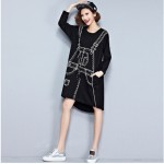 2018 European Style Women Fashion Mini Dress Braces Pattern Black Irregular One Piece T-Shirt Dress Long Sleeve Printed Tunic