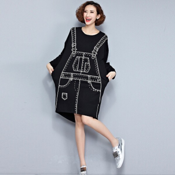 2018 European Style Women Fashion Mini Dress Braces Pattern Black Irregular One Piece T-Shirt Dress Long Sleeve Printed Tunic