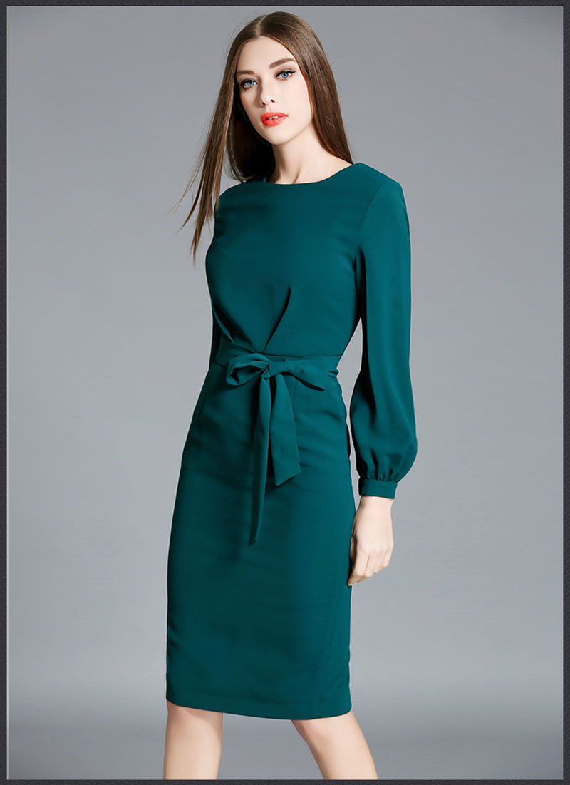 2018 High Quality Womens Bodycon Midi Dresses Summer Green Women Office Dress Elegant Puff