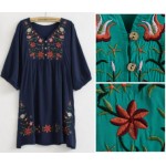 2018 Hot Sale Free Shipping vintage 70s mexican Ethnic Floral EMBROIDERED Hippie Blouse DRESS women clothing vestidos Free Sz