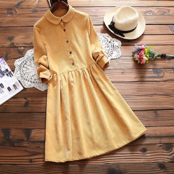 2018 New Fashion Spring Autumn Women Mini Dress Peter Pan Collar Corduroy Long Sleeve Vestidos Vintage Casual Female Dress M-2XL