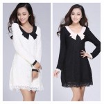 2018 Spring women's slim thin lace dress ladies doll collar long sleeve loose dresses black white plus size M-4XL