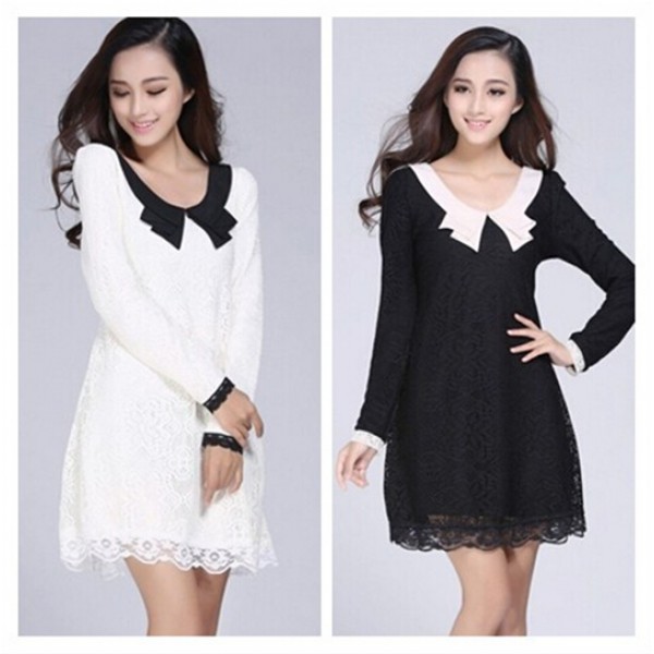 2018 Spring women's slim thin lace dress ladies doll collar long sleeve loose dresses black white plus size M-4XL