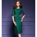 2018 Summer Embroidery Womens Dresses Half Sleeve Dark Green Lace Dress Elegant Ladies Office Business Bodycon mom Party Dresses